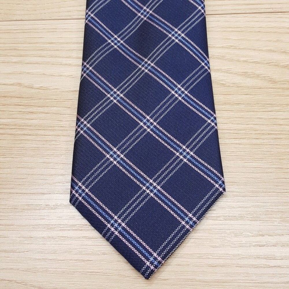 TOMMY HILFIGER Mens Neck Tie Navy Blue Plaid Classic Preppy Silk Blend Necktie